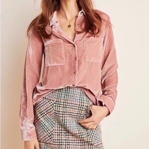 Maeve by Anthropologie Karina Dusty Pink Crushed Velvet Button Down Shirt Top 6